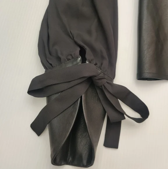 Gracia Black Peplum Chiffon Gathered Blouse With Faux Leather Accents. - Picture 5 of 9